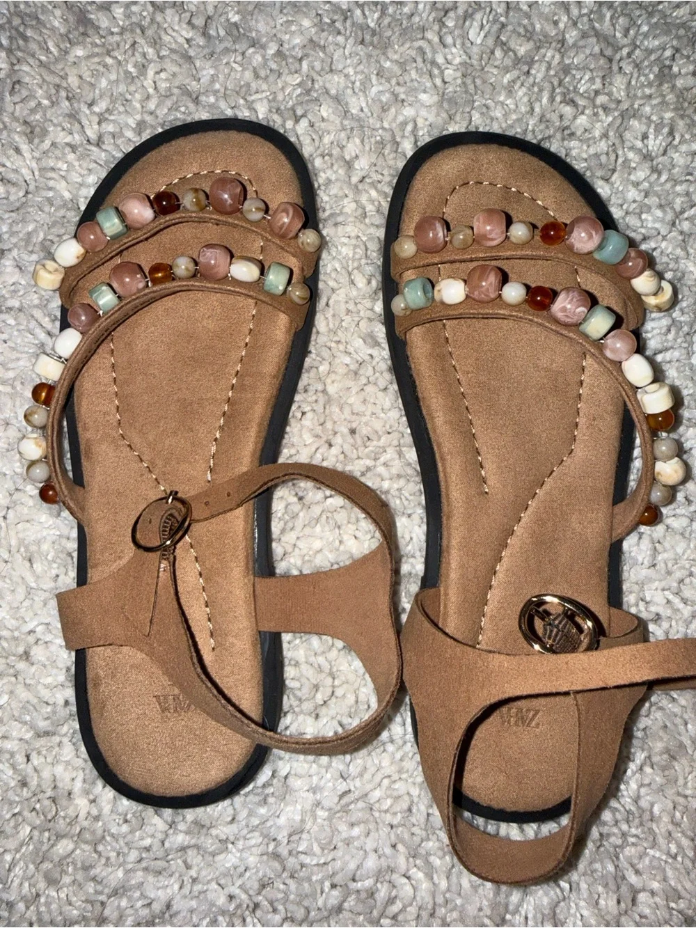 Zara Beaded Brown Girls Sandals - Strappy Slip-On